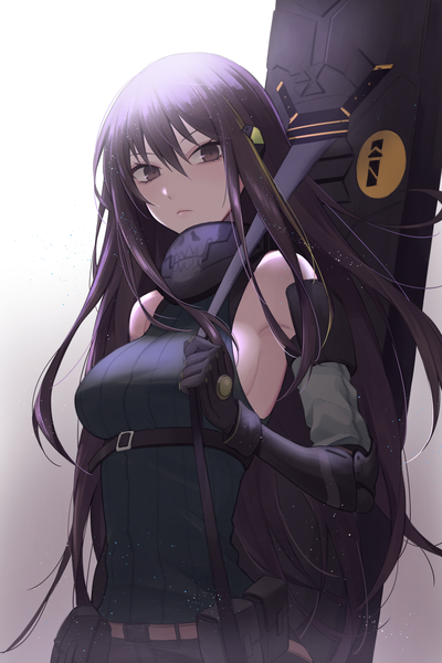 Anime picture 1087x1630 with girls frontline m4a1 (girls frontline) qb 516 single long hair tall image looking at viewer blush fringe breasts light erotic simple background hair between eyes brown hair standing bare shoulders brown eyes payot multicolored hair two-tone hair
