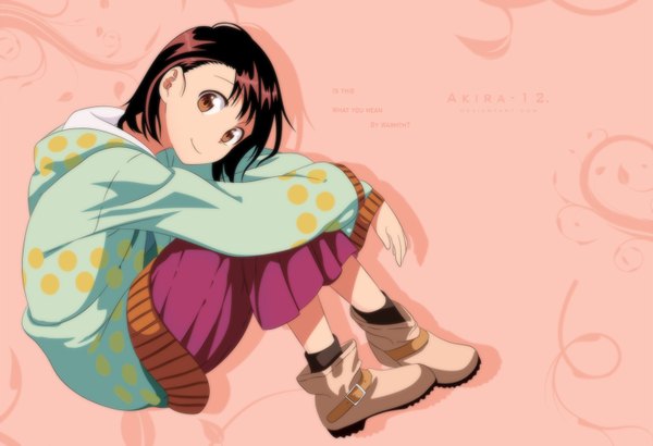 Anime picture 1500x1025 with nisekoi shaft (studio) onodera kosaki akira-12 single short hair smile brown hair brown eyes coloring girl dress socks jacket boots black socks