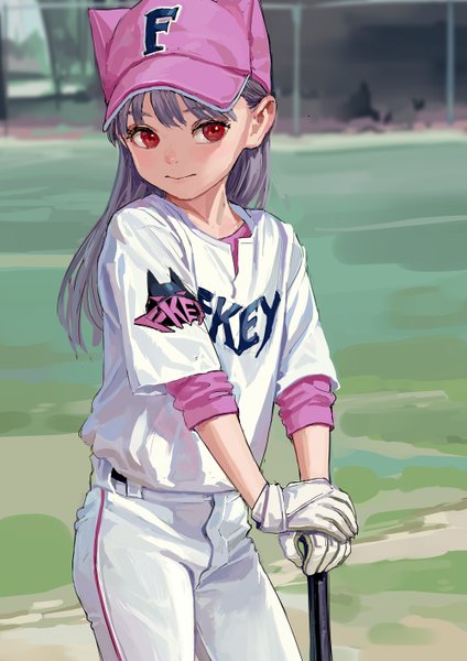 Anime picture 1000x1415 with original feiqizi (fkey) fkey single long hair tall image fringe red eyes standing holding signed looking away full body outdoors grey hair clothes writing field baseball girl gloves