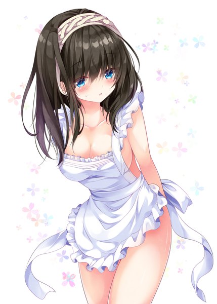 Anime picture 700x979 with idolmaster idolmaster cinderella girls sagisawa fumika nogi takayoshi single long hair tall image blush fringe breasts blue eyes light erotic black hair hair between eyes large breasts white background parted lips sweat leaning leaning forward