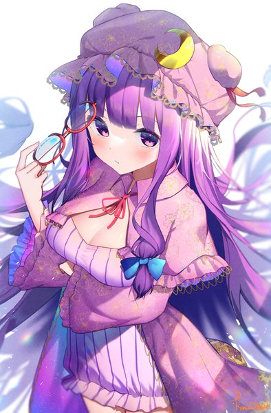 Anime picture 1048x1597 with touhou patchouli knowledge kiramarukou single long hair tall image blush breasts light erotic purple eyes cleavage purple hair breast hold tress ribbon eyewear removed girl bow hair bow hat glasses