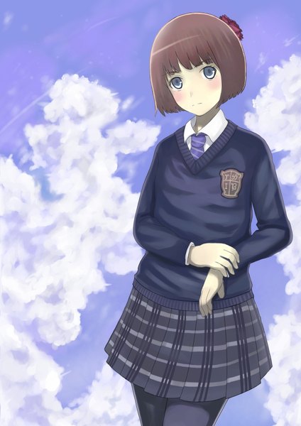 Anime picture 1240x1754 with original kawano masatoshi single tall image blush short hair blue eyes brown hair standing cloud (clouds) girl skirt uniform school uniform sweater