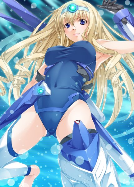 Anime picture 1134x1577 with infinite stratos 8bit cecilia orcott mukunokino isshiki long hair tall image breasts blue eyes light erotic blonde hair covered navel curly hair girl gloves navel bodysuit
