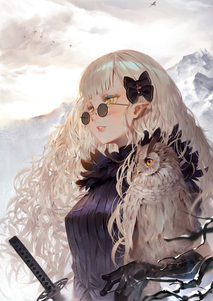 Anime picture 2098x2962 with original toriumi harumi single long hair tall image blush fringe highres blonde hair yellow eyes looking away upper body outdoors blunt bangs parted lips pointy ears mountain slit pupils messy hair girl