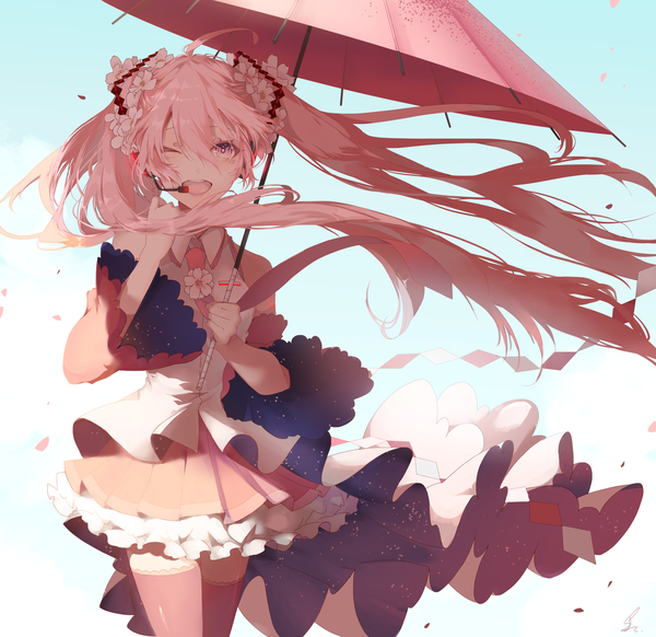 Anime picture 1996x1938 with vocaloid hatsune miku sakura miku saihate (d3) single long hair looking at viewer blush fringe highres open mouth hair between eyes standing twintails bare shoulders holding pink hair ahoge outdoors pleated skirt