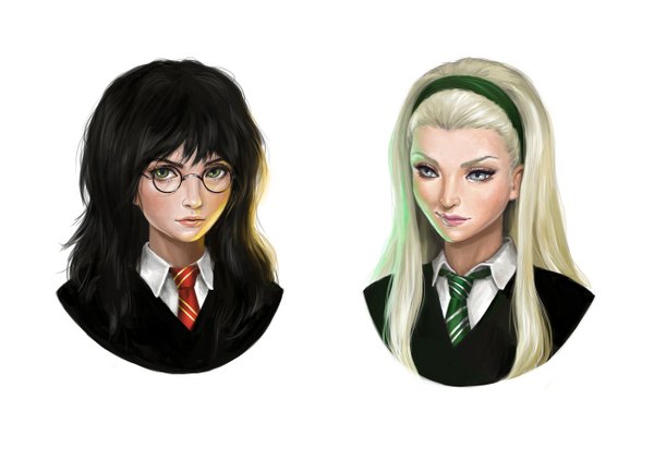 Anime picture 1280x900 with harry potter harry potter (character) draco malfoy charasix (artist) long hair looking at viewer blue eyes black hair blonde hair brown hair multiple girls green eyes grey eyes portrait light scar face genderswap girl uniform
