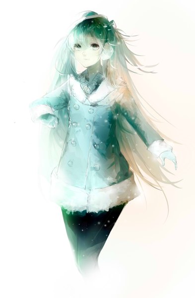 Anime picture 1052x1605 with vocaloid hatsune miku sa'yuki single long hair tall image standing white background twintails aqua eyes aqua hair alternate costume fur trim snowing looking up double buttons girl gloves hat fur