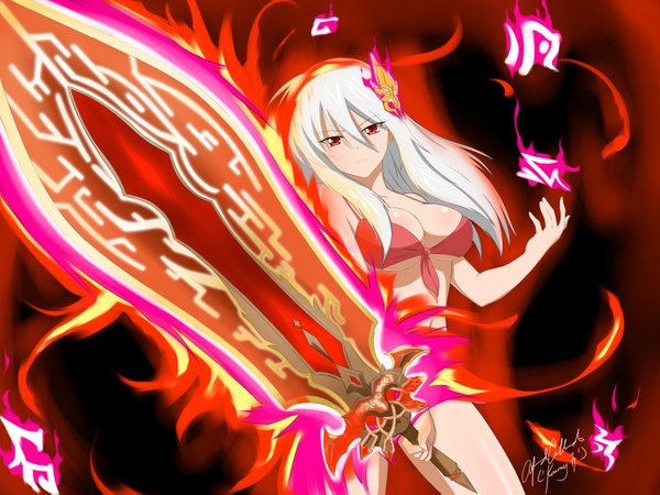 Anime picture 1500x1125 with brave frontier (game) fiora swimwear kimmy77 single long hair breasts light erotic red eyes white hair magic girl hair ornament weapon fire huge weapon huge sword