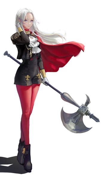 Anime picture 2841x4939 with fire emblem fire emblem: three houses nintendo edelgard von hresvelg 9 (cdwp2353) single long hair tall image looking at viewer highres simple background standing purple eyes holding full body white hair long sleeves arm up shadow crossed legs (standing)