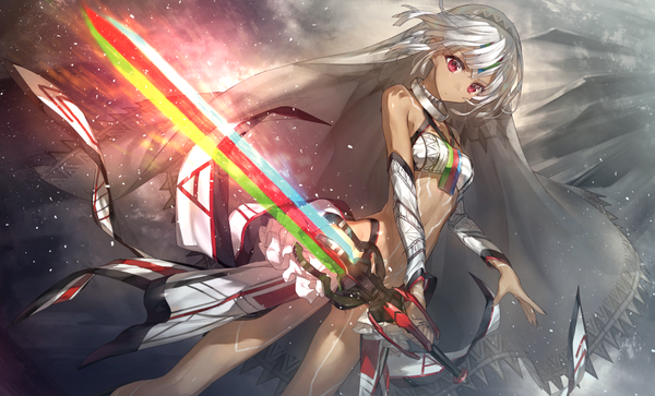 Anime picture 1000x605 with fate (series) fate/grand order altera (fate) chocoan single looking at viewer short hair light erotic red eyes wide image bare shoulders white hair girl navel weapon detached sleeves sword veil
