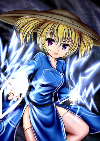 Anime-Bild 2480x3507 mit dota 2 (game) storm spirit (dota 2) zheyi parker single tall image highres short hair open mouth blonde hair purple eyes legs chinese clothes genderswap lightning humanization girl thighhighs hat chinese dress