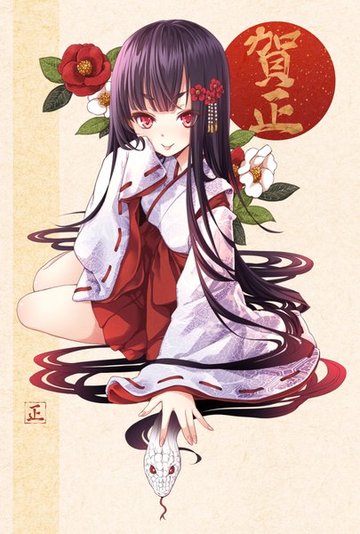 Anime picture 710x1050 with original tokunou shoutarou single tall image looking at viewer blush fringe black hair simple background red eyes sitting long sleeves very long hair traditional clothes japanese clothes eyebrows :p new year girl hair ornament