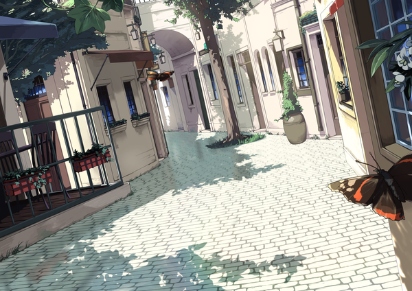 Anime picture 2656x1881 with original mikisai highres outdoors shadow city no people scenic alley plant (plants) tree (trees) window insect building (buildings) butterfly house arch