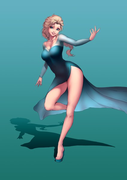 Anime picture 2894x4093 with frozen (disney) disney elsa (frozen) oinari risuru single long hair tall image highres breasts blue eyes light erotic simple background blonde hair smile shadow legs girl dress