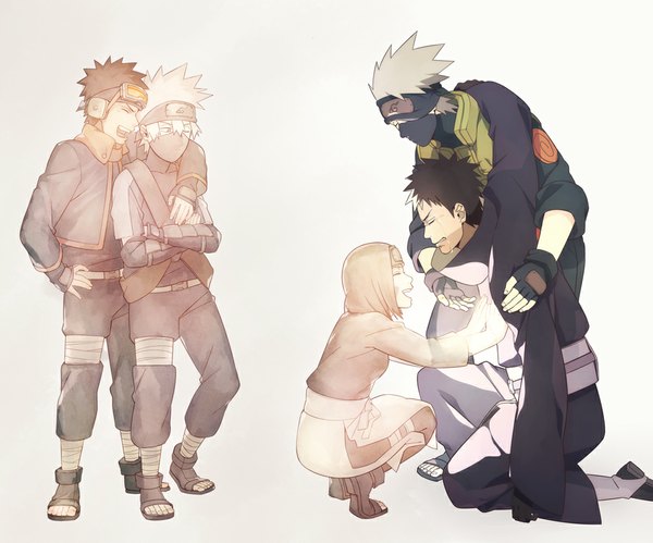 Anime picture 1000x833 with naruto studio pierrot naruto (series) hatake kakashi uchiha obito nohara rin oba-min fringe short hair black hair brown hair standing silver hair eyes closed tears kneeling happy crying sad spiked hair