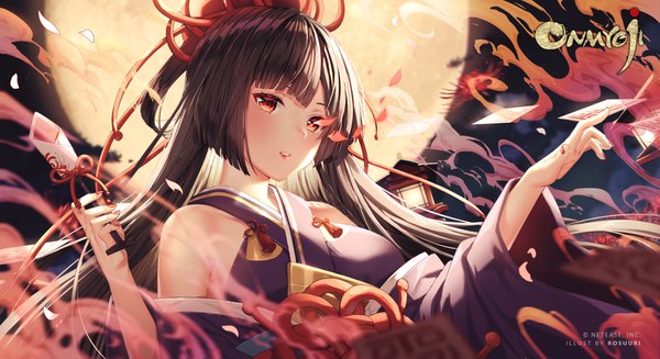 Anime picture 1467x800 with onmyoji higanbana (onmyoji) rosuuri single long hair looking at viewer blush fringe black hair red eyes wide image bare shoulders holding signed payot cloud (clouds) upper body blunt bangs traditional clothes parted lips