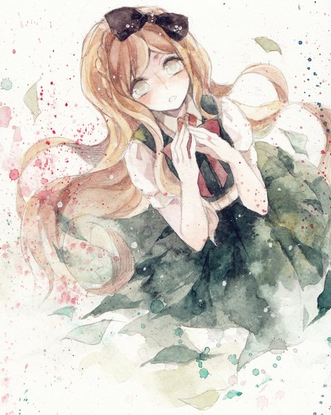 Anime picture 1500x1878 with dangan ronpa super dangan ronpa 2 sonia nevermind mok1e single long hair tall image blush open mouth green eyes from above looking up traditional media watercolor (medium) girl bow hair bow