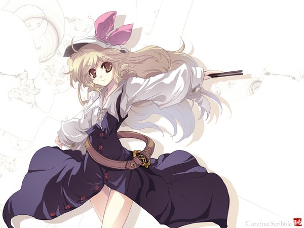 Anime picture 1600x1200 with touhou watatsuki no toyohime tagme (artist) single long hair looking at viewer blonde hair yellow eyes spread arms girl dress ribbon (ribbons) hat belt fan closed fan