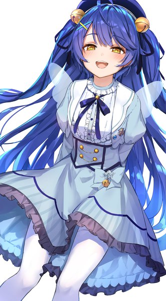 Anime picture 1107x2000 with virtual youtuber nijisanji amamiya kokoro kakutasu single long hair tall image open mouth simple background white background yellow eyes blue hair looking away ahoge :d two side up hands behind back hair bell girl hair ornament