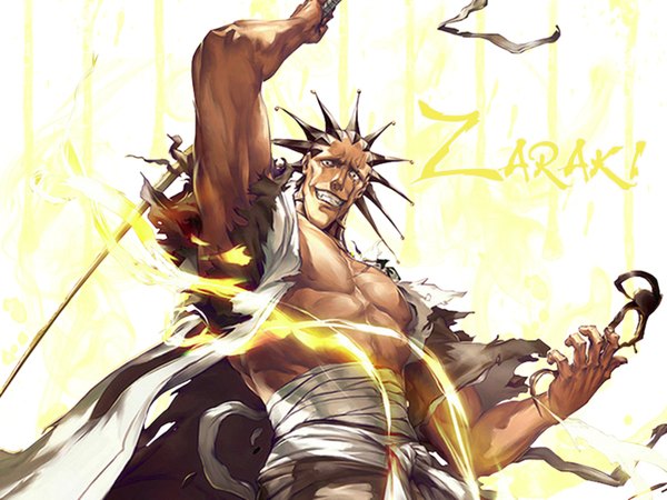 Anime picture 1600x1200 with bleach studio pierrot zaraki kenpachi single looking at viewer short hair black hair inscription from below torn clothes looking down scar muscle crazy smile crazy eyes gotei boy ribbon (ribbons) weapon sword