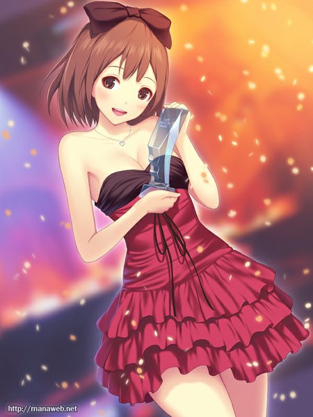 Anime picture 600x800 with ilog andou hitomi mana kakkowarai single tall image blush short hair open mouth smile brown hair bare shoulders brown eyes girl dress bow hair bow pendant red dress confetti