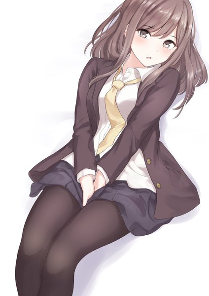 Anime picture 1117x1581 with original minagiku single long hair tall image looking at viewer blush fringe open mouth simple background hair between eyes brown hair white background sitting brown eyes pleated skirt open clothes between thighs girl skirt