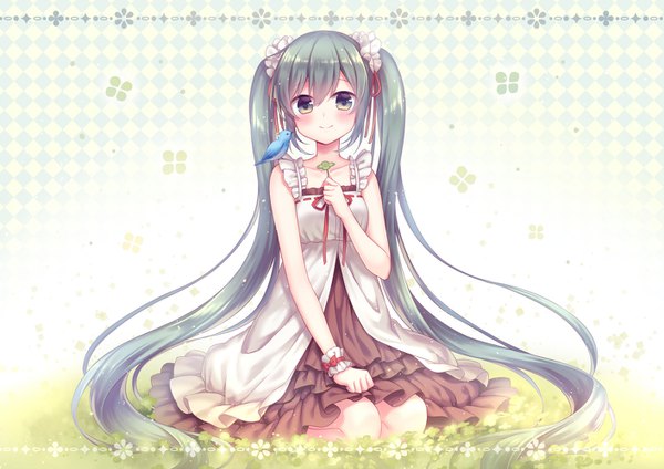 Anime picture 1412x1000 with vocaloid hatsune miku amane kurumi single looking at viewer blush smile sitting twintails holding full body bent knee (knees) very long hair aqua eyes aqua hair sleeveless hand on chest checkered seiza checkered background