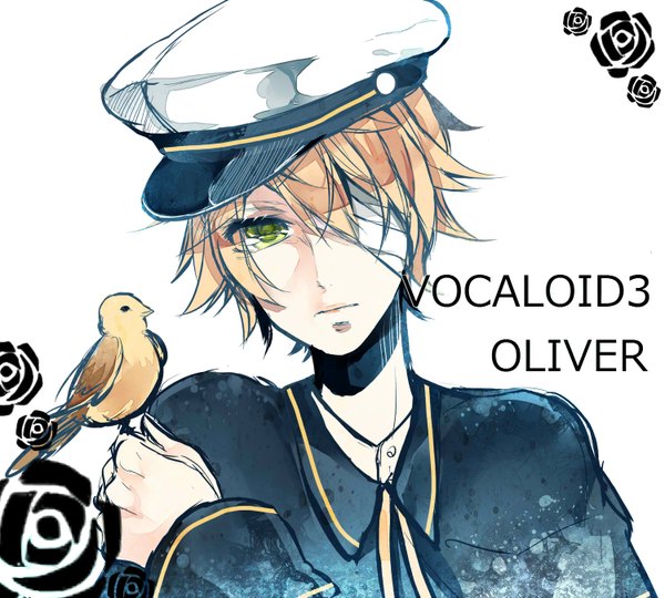 Anime picture 1500x1350 with vocaloid oliver james (vocaloid) single looking at viewer highres short hair blonde hair yellow eyes inscription bandage over one eye boy hat animal bird (birds) bandage (bandages) peaked cap