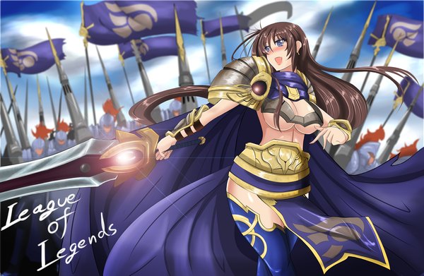 Anime picture 5338x3480 with league of legends garen (league of legends) torahime (roland00) long hair blush highres open mouth light erotic black hair purple eyes absurdres genderswap girl weapon earrings sword armor cloak