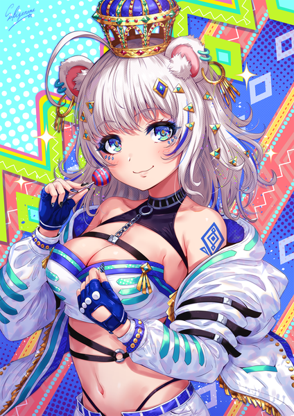 Anime picture 1200x1697 with original sakiyamama single long hair tall image looking at viewer blush fringe breasts blue eyes light erotic smile large breasts standing bare shoulders holding signed animal ears silver hair upper body