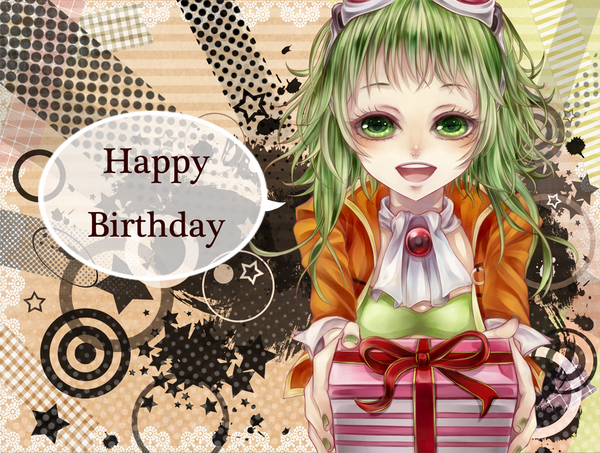 Anime picture 1000x756 with vocaloid gumi shio (blacksio) single looking at viewer short hair open mouth green eyes green hair happy birthday goggles on head girl gift goggles