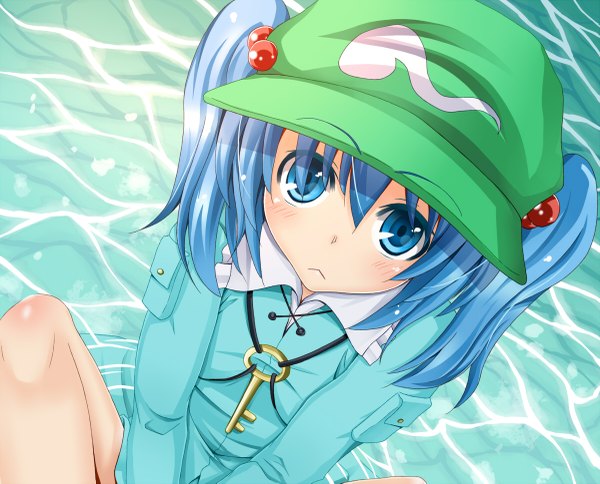 Anime picture 1200x969 with touhou kawashiro nitori flask (pandora) short hair blue eyes twintails blue hair short twintails girl water cap flat cap key