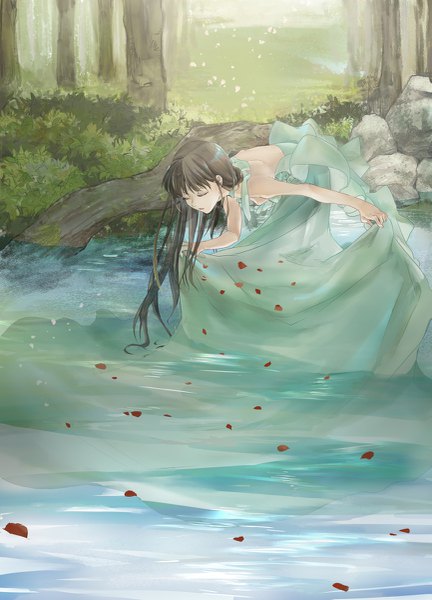 Anime picture 865x1200 with original akemori kiko single long hair tall image brown hair bare shoulders eyes closed leaning leaning forward partially submerged river girl dress plant (plants) petals tree (trees) water