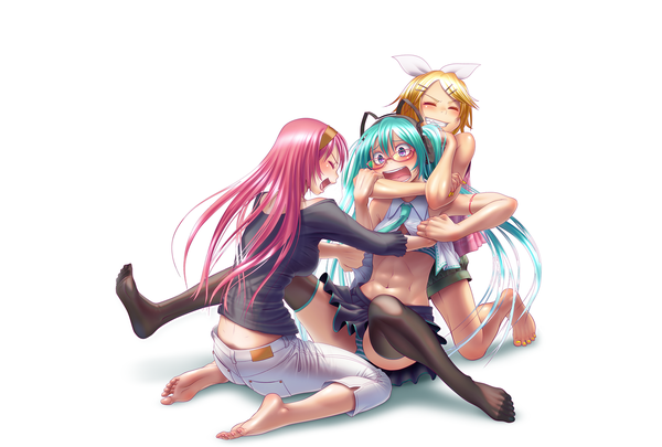 Anime picture 1600x1080 with vocaloid hatsune miku megurine luka kagamine rin wokada long hair blush short hair open mouth light erotic blonde hair twintails bare shoulders multiple girls animal ears pink hair eyes closed barefoot aqua eyes cat ears