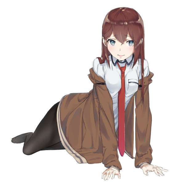 Anime picture 1911x1940 with steins;gate white fox makise kurisu rolua single long hair tall image fringe highres breasts blue eyes simple background brown hair white background lips arm support embarrassed no shoes girl shirt