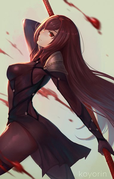 Anime picture 638x1000 with fate (series) fate/grand order scathach (fate) (all) scathach (fate) koyoriin single long hair tall image looking at viewer fringe light erotic hair between eyes red eyes brown hair signed purple hair girl weapon armor blood