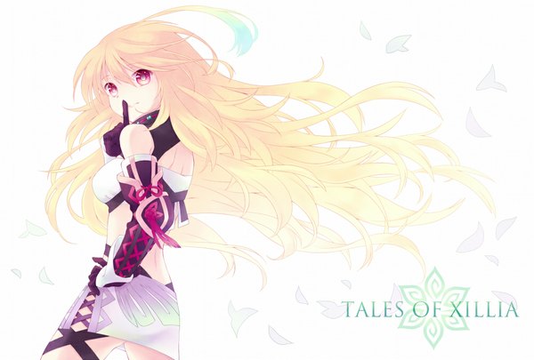 Anime picture 1000x675 with tales of (series) tales of xillia milla maxwell kai aki (artist) single long hair looking at viewer simple background blonde hair smile white background bare shoulders ahoge pink eyes wind inscription wallpaper copyright name hand on hip girl