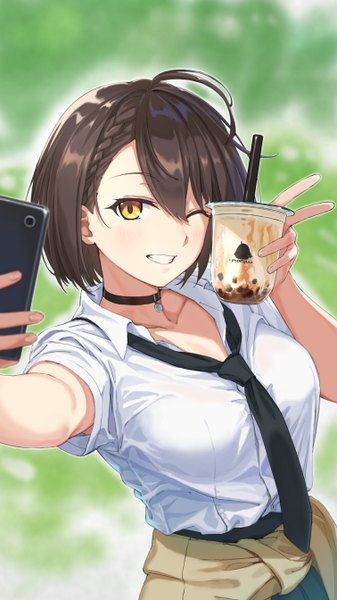Anime picture 1512x2688 with azur lane baltimore (azur lane) baltimore (after-school ace) (azur lane) tuchinokoeffect single tall image looking at viewer blush fringe short hair breasts black hair smile hair between eyes standing holding yellow eyes upper body ahoge outdoors