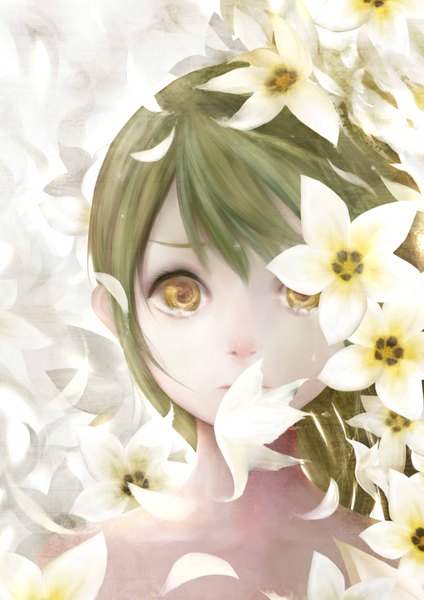 Anime picture 2480x3507 with original zhang xiao bo single long hair tall image looking at viewer fringe highres bare shoulders yellow eyes green hair tears girl flower (flowers) petals