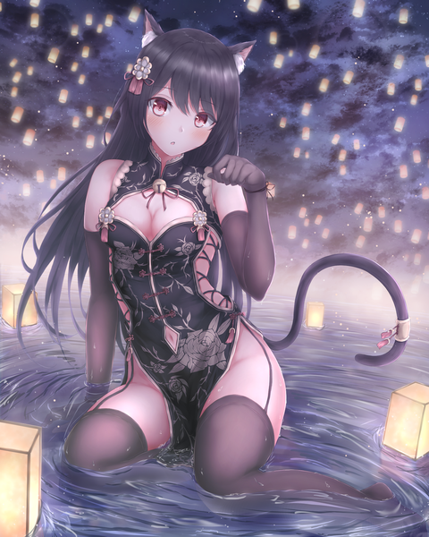 Anime picture 1600x2000 with original absent single long hair tall image looking at viewer blush fringe open mouth light erotic black hair red eyes sitting animal ears cloud (clouds) full body tail traditional clothes animal tail cat ears