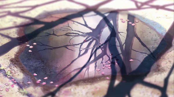 Anime picture 1920x1080 with 5 centimeters per second highres wide image shadow reflection plant (plants) petals tree (trees) water