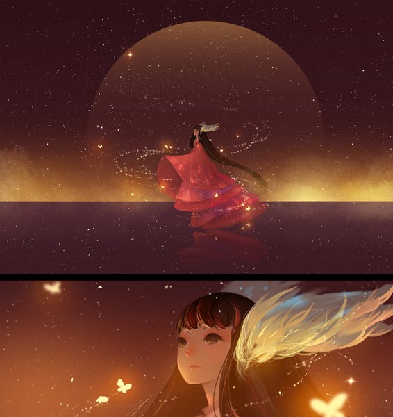 Anime picture 2200x2329 with original hanyijie tall image fringe highres black hair brown eyes very long hair traditional clothes japanese clothes looking up multiview zoom layer glow girl kimono insect butterfly moon star (stars)