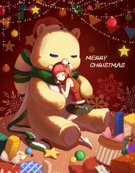 Anime picture 1800x2300 with league of legends annie (league of legends) kezi single tall image blush fringe highres short hair pink hair eyes closed light smile christmas sleeping merry christmas girl thighhighs white thighhighs toy stuffed animal