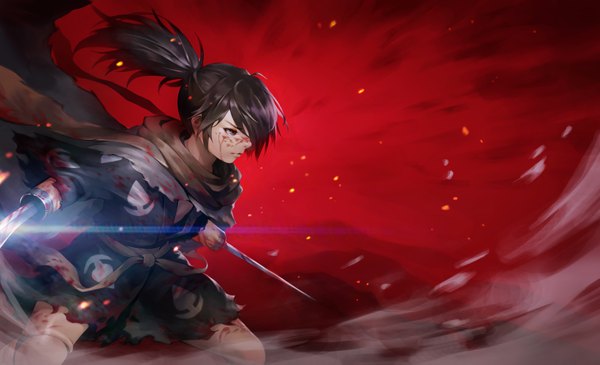 Anime picture 4646x2827 with dororo (tezuka) hyakkimaru (dororo) radjeong single long hair fringe highres black hair wide image brown eyes looking away absurdres ponytail traditional clothes japanese clothes profile floating hair torn clothes red background fighting stance