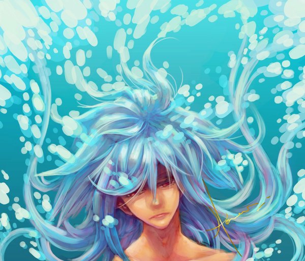 イラスト 1400x1200 と オリジナル sail (pixiv) ソロ 長髪 青い髪 ピンク目 underwater 男性 水 水泡