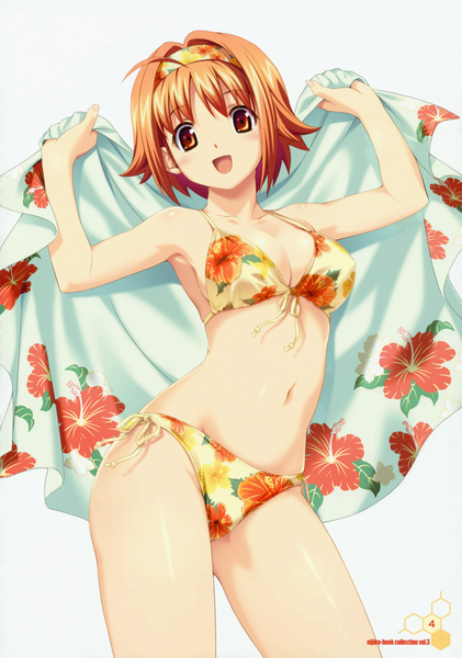 Anime picture 3195x4551 with koutaro tall image highres short hair open mouth simple background white background brown eyes absurdres ahoge orange hair girl navel flower (flowers) swimsuit bikini hairband side-tie bikini hibiscus floral print bikini