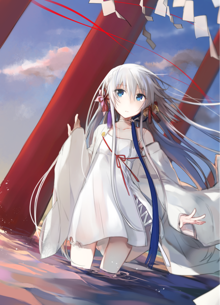 Anime picture 1300x1800 with original mikoto kei single long hair tall image looking at viewer fringe blue eyes hair between eyes standing blue hair sky cloud (clouds) outdoors white hair multicolored hair wind wide sleeves streaked hair partially submerged