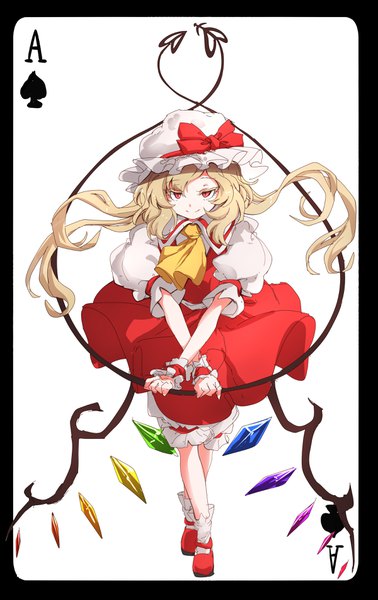 Anime picture 2400x3800 with touhou flandre scarlet darjeeling (reley) single long hair tall image looking at viewer highres blonde hair smile red eyes payot full body puffy sleeves border card (medium) girl skirt weapon hat