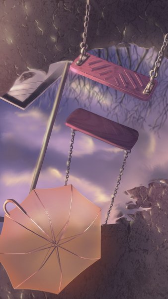 Anime picture 689x1224 with original yayoi1986 tall image sky cloud (clouds) sunlight reflection no people umbrella chain swing puddle