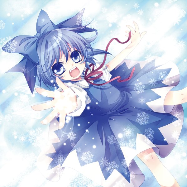 Anime picture 1417x1417 with touhou cirno mikazuki sara short hair open mouth blue eyes blue hair outstretched arm blue background girl bow hair bow snowflake (snowflakes)